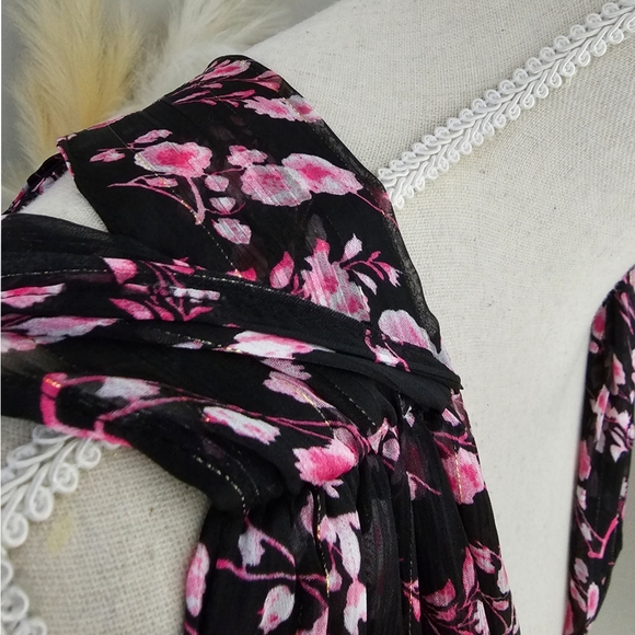 EUC Sabina Musayev Black Pink Metallic Floral Open Back Plunge V-Neck Maxi Dress - Picture 10 of 15